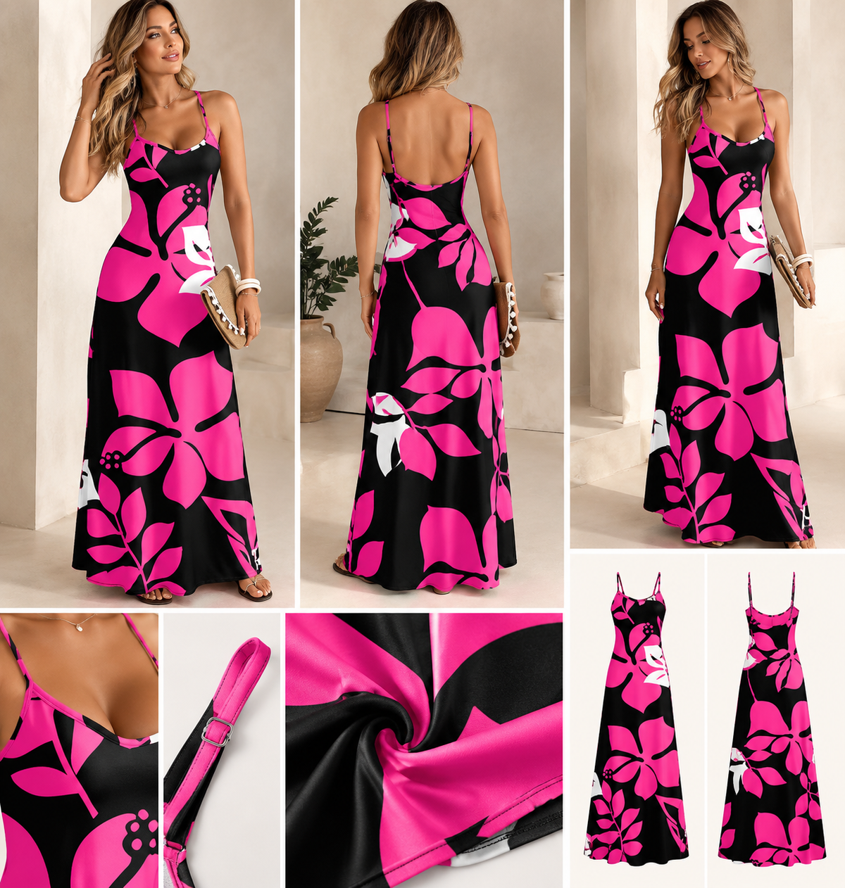 Vestido maxi floral Valeria de BBBellezachic con tirantes y espalda abierta, diseñado para un estilo elegante y fresco.