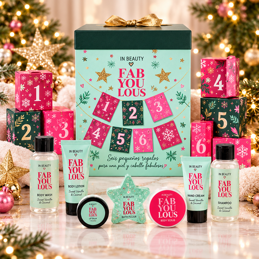 Calendario de Adviento de Belleza Fabyuleous de 7 días de BB Bellezachic, con casillas decoradas y productos de belleza.
