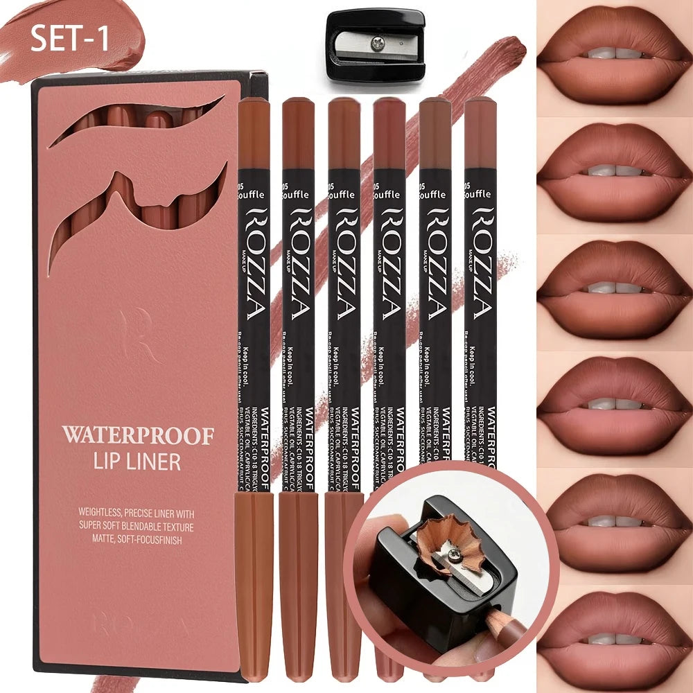 Set de 7 perfiladores de labios BB Bellezachic con sacapuntas, en variedad de tonos, en estuche compacto para definir y delinear labios.
