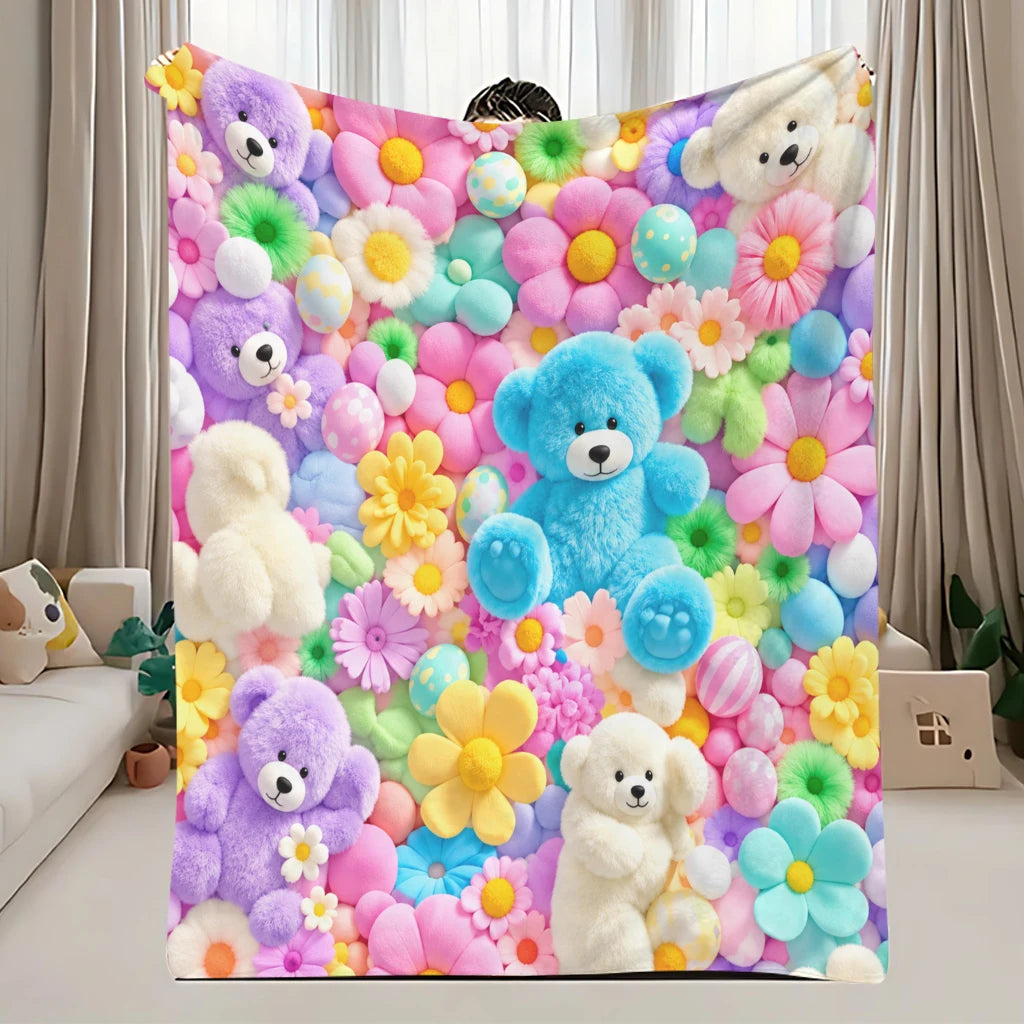 Manta suave de ositos y flores de BB Bellezachic, con diseño adorable y colores suaves, perfecta para bebé o niña.
