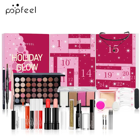 Calendario de Adviento de Maquillaje BB Bellezachic con 24 piezas, mostrando cajas decoradas con productos de belleza y maquillaje.