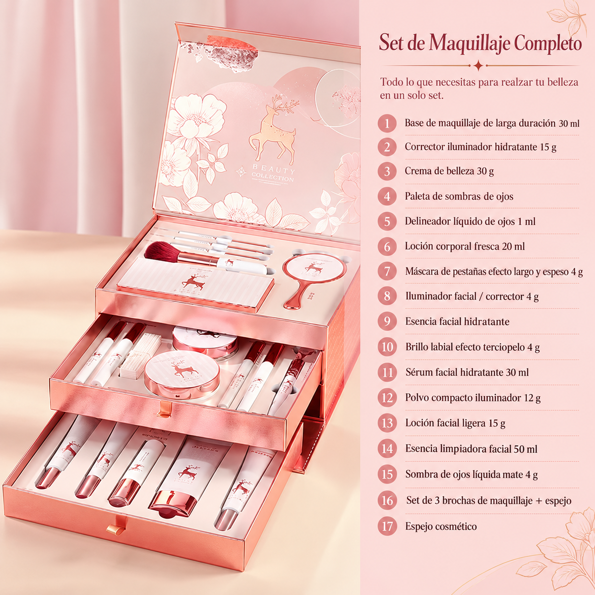 Set de maquillaje completo de 20 piezas en caja de regalo de color rosa de BB Bellezachic, con sombras, labiales y más.