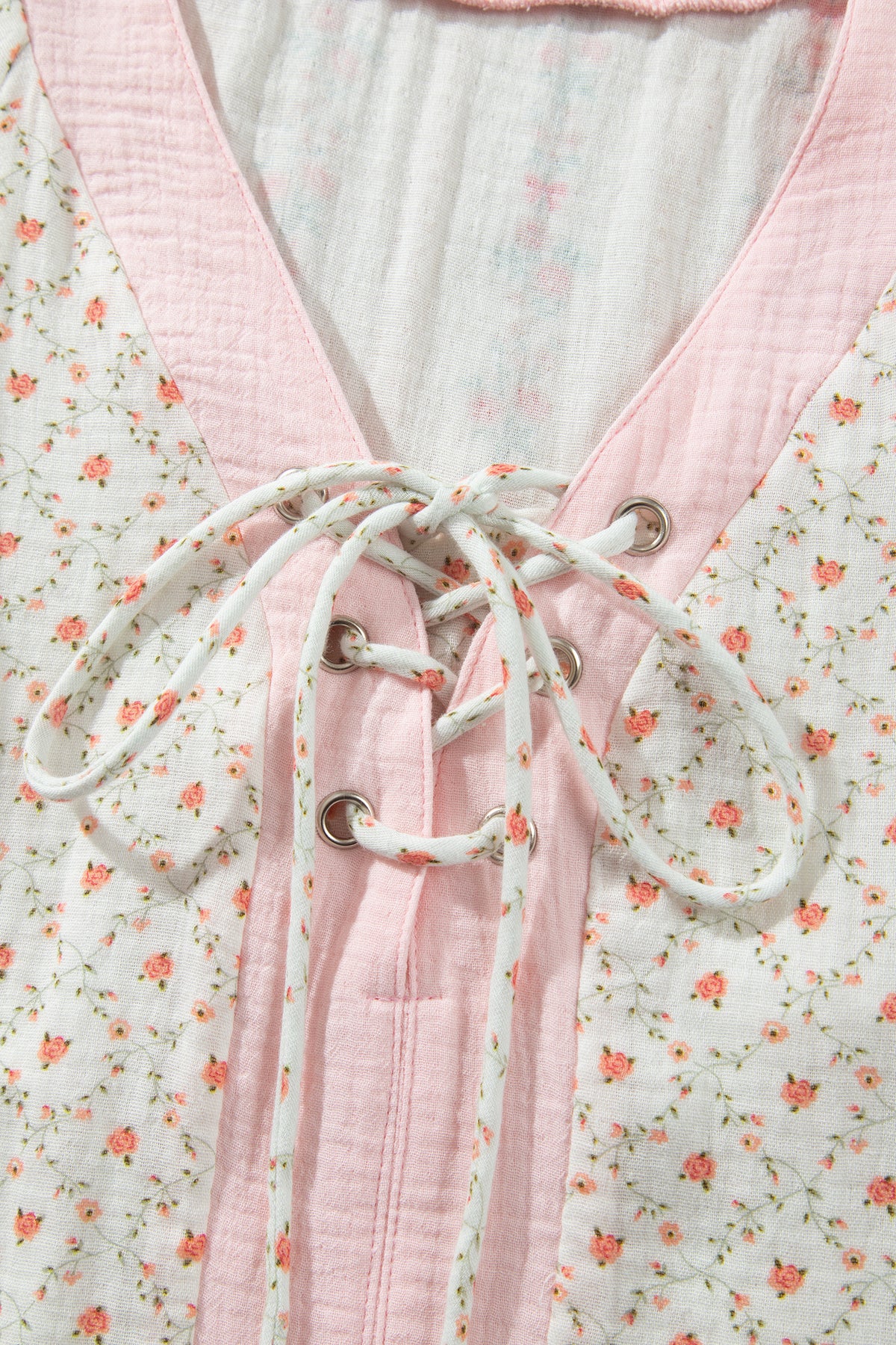 Beige 100% Cotton Floral Print Color Block Trim Lace-up V Neck Long Sleeve Blouse