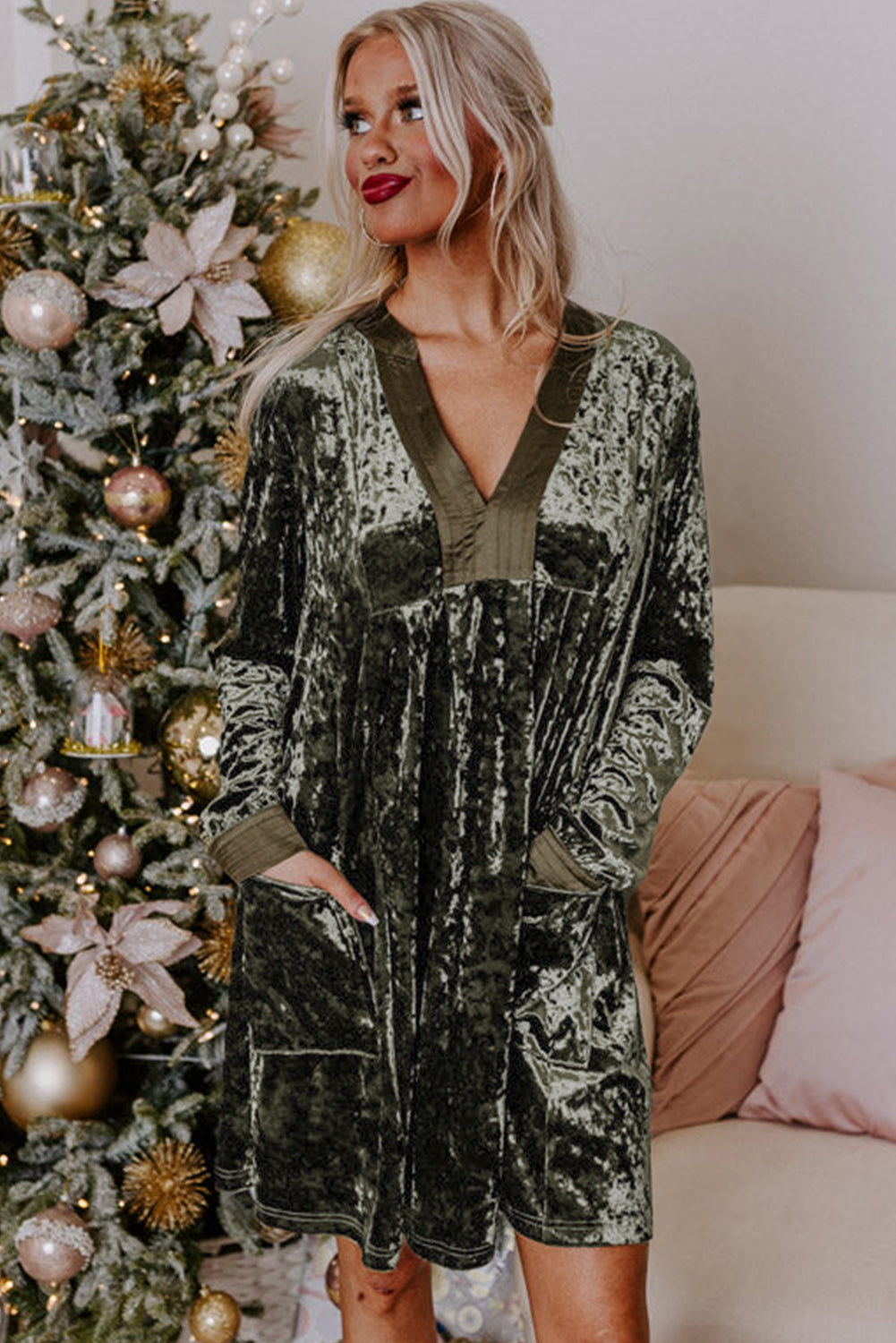 Vestido de terciopelo verde con bolsillos