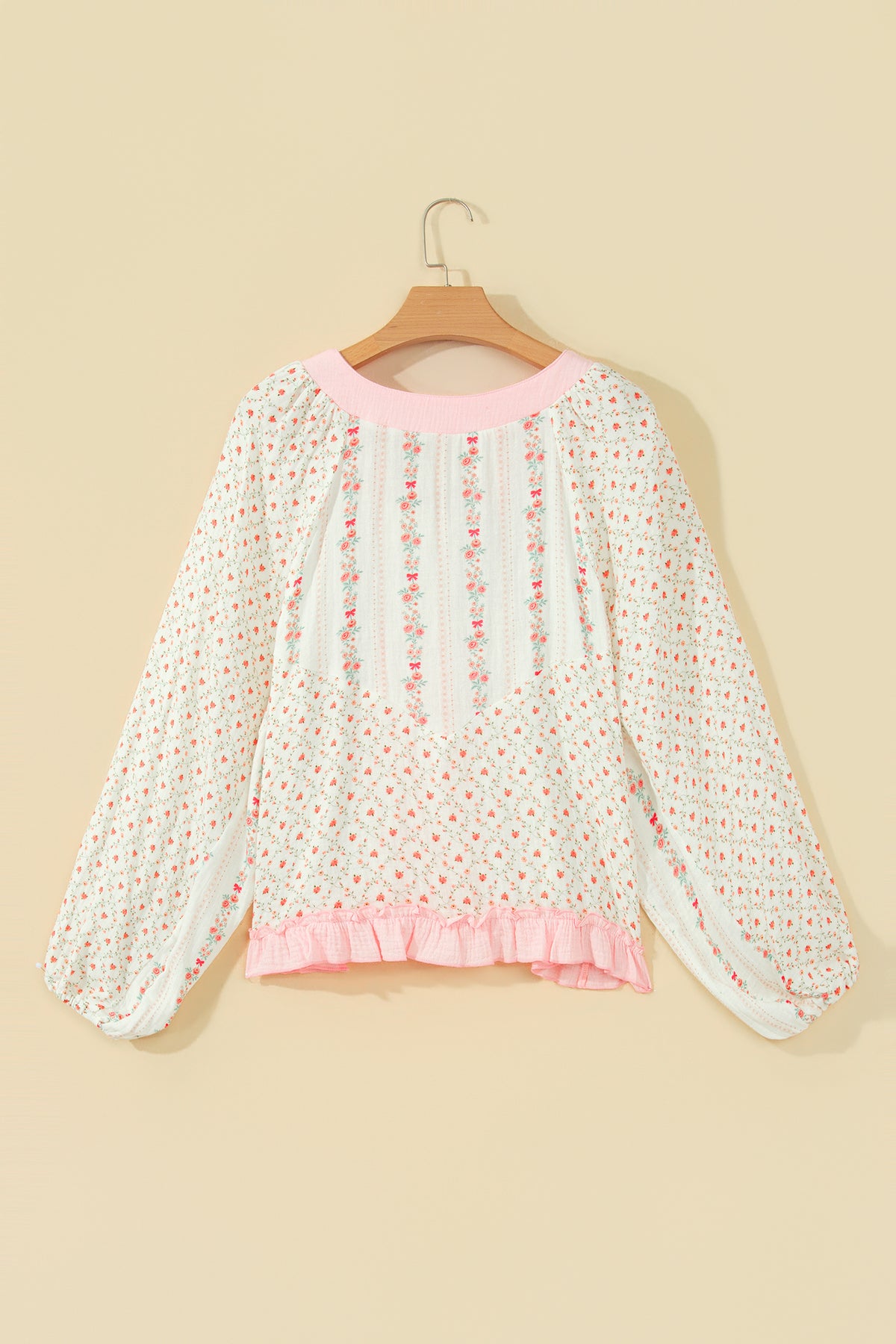Beige 100% Cotton Floral Print Color Block Trim Lace-up V Neck Long Sleeve Blouse