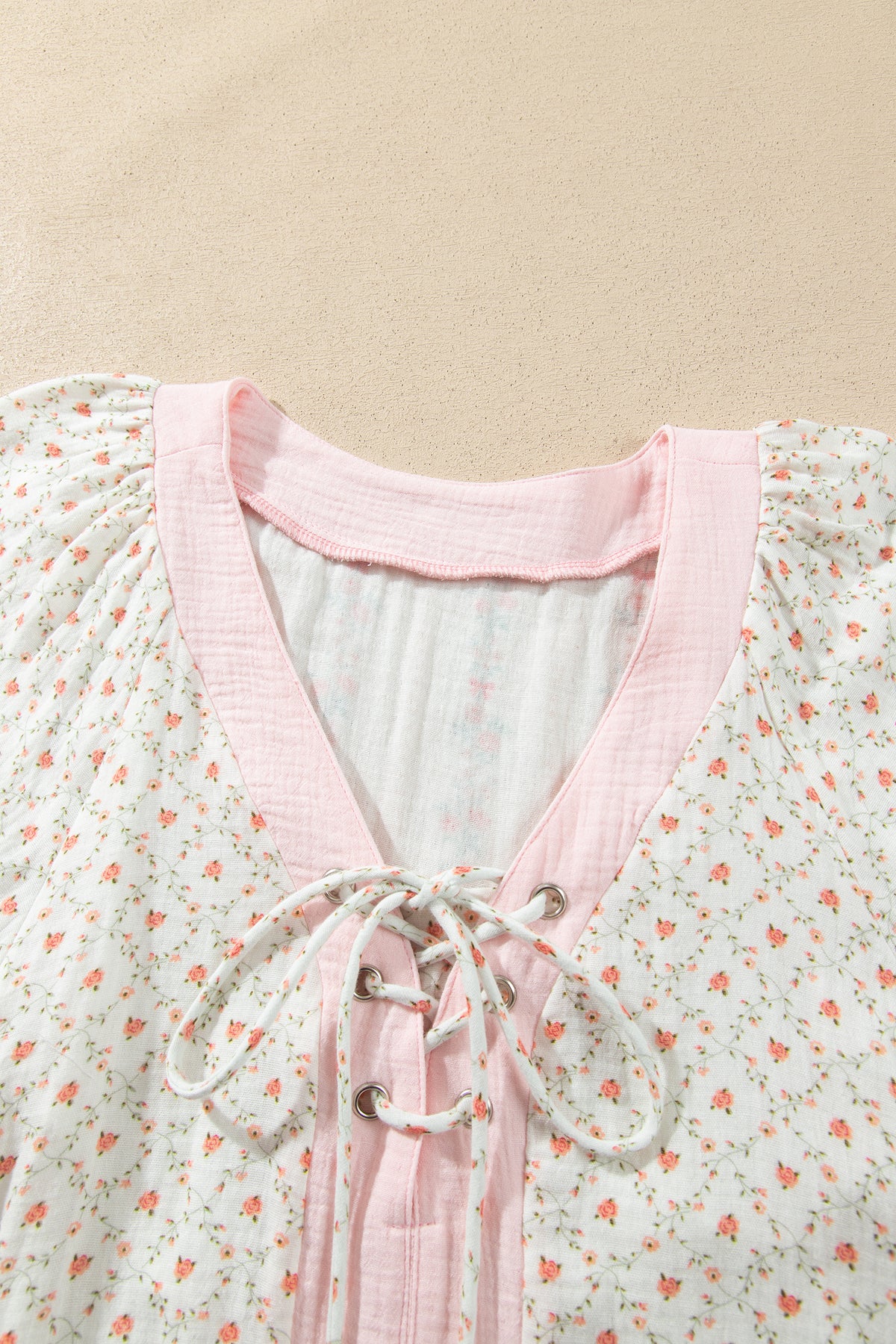 Beige 100% Cotton Floral Print Color Block Trim Lace-up V Neck Long Sleeve Blouse