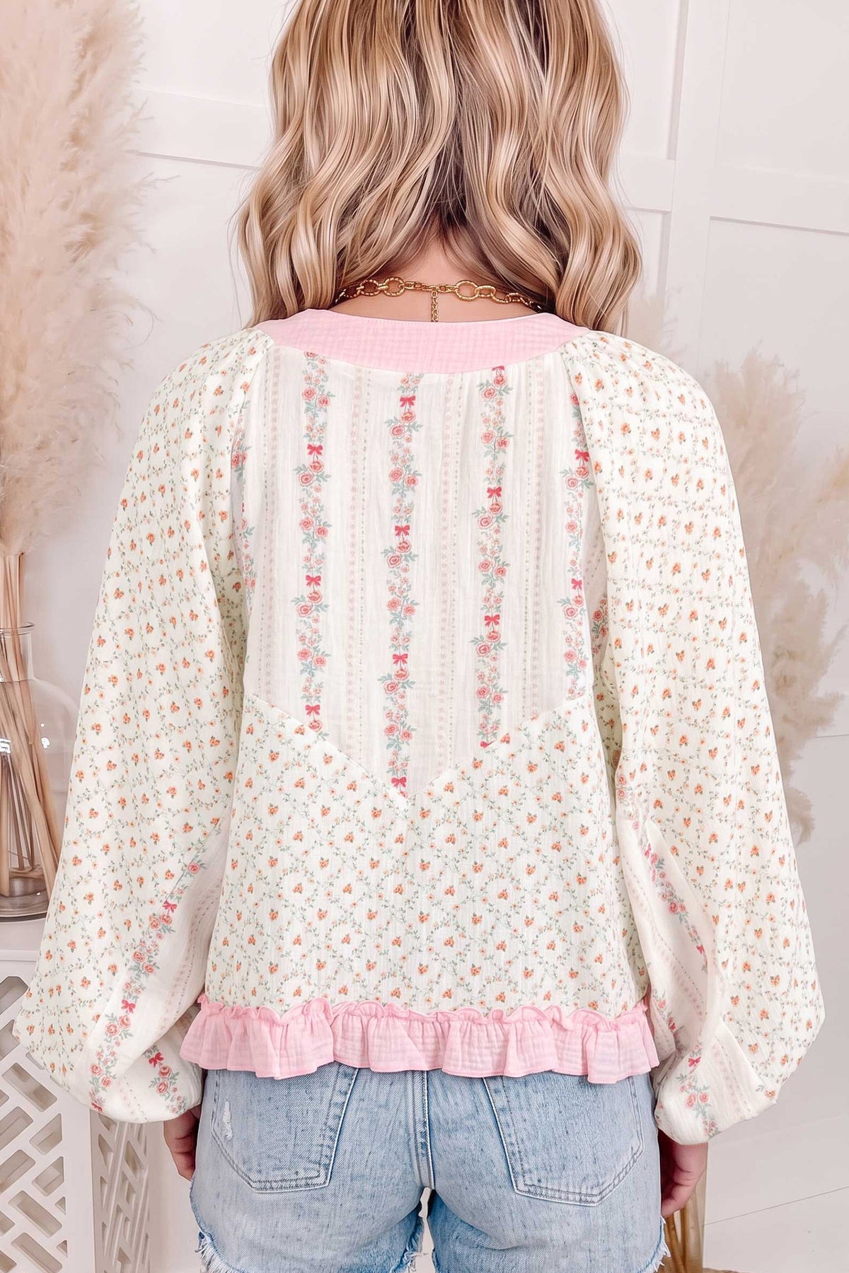 Beige 100% Cotton Floral Print Color Block Trim Lace-up V Neck Long Sleeve Blouse