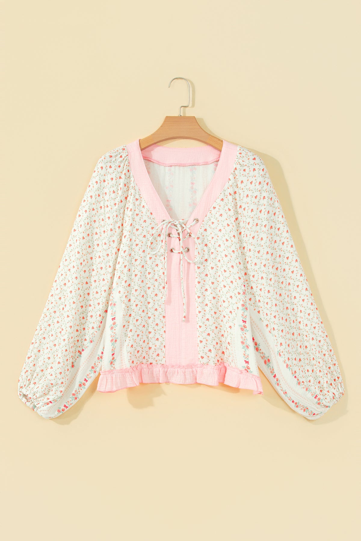 Beige 100% Cotton Floral Print Color Block Trim Lace-up V Neck Long Sleeve Blouse
