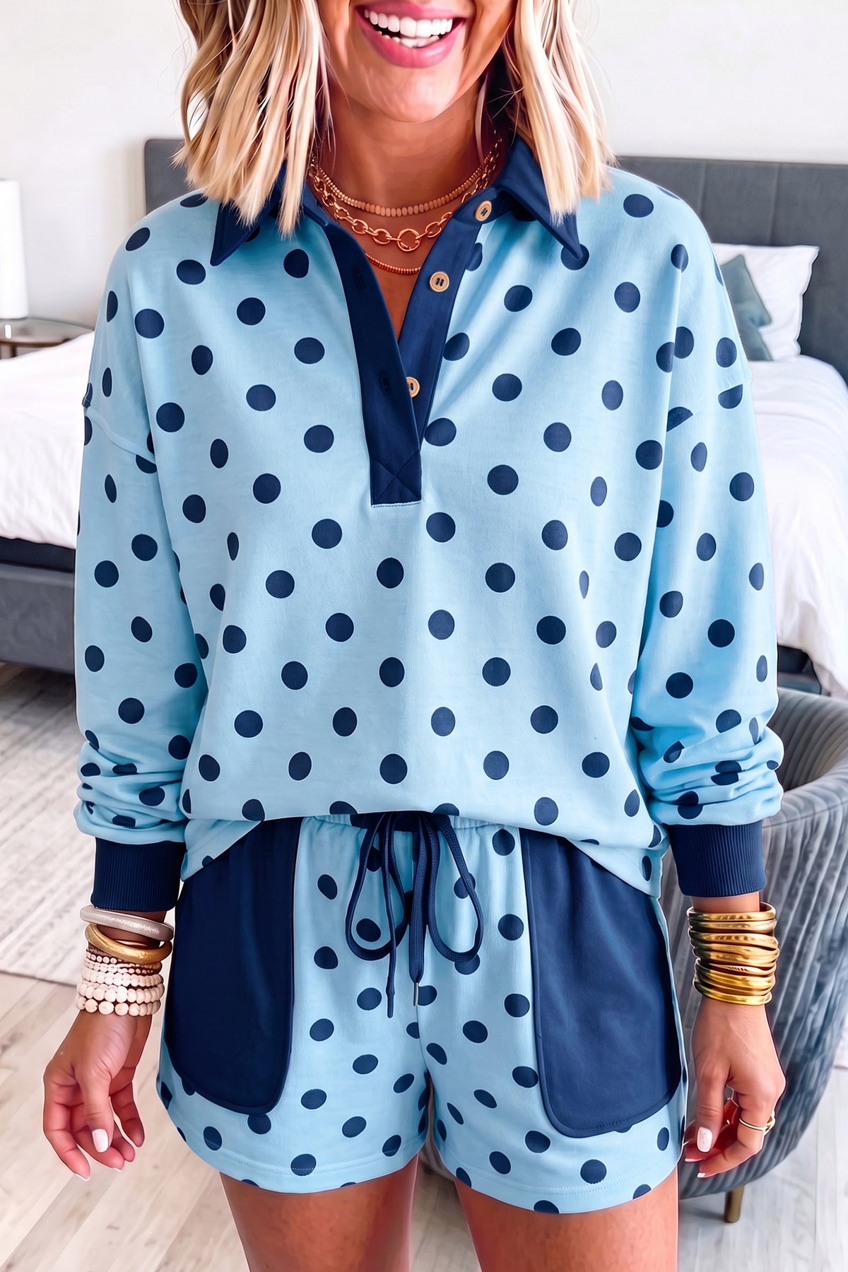 Khaki Polka Dot Drop Shoulder Polo Loose Pullover Patch Pocket Casual Shorts Set
