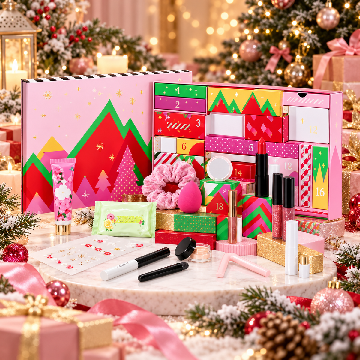 Calendario de Adviento de Maquillaje BB Bellezachic con 20 piezas de productos de belleza para Navidad.