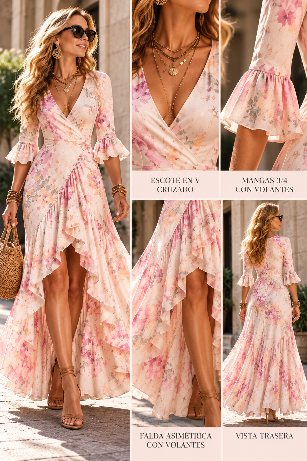 Vestido largo asimétrico con volantes