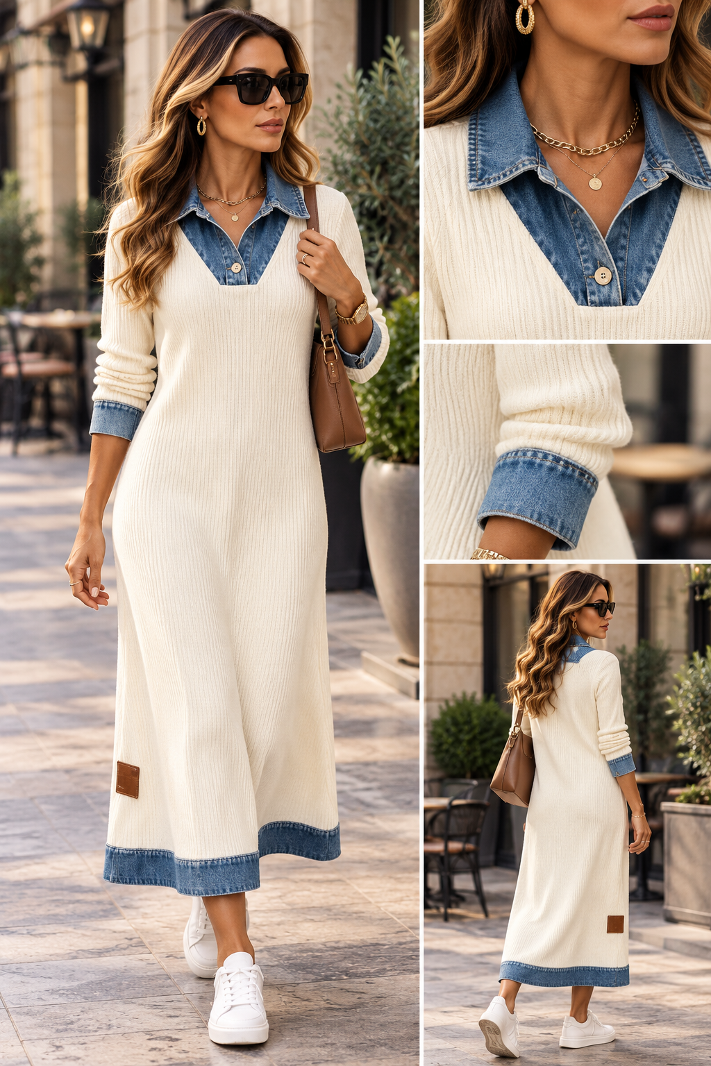 Vestido midi de canalé con ribetes vaqueros