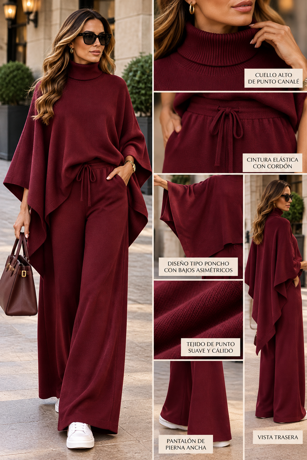 Conjunto de poncho de cuello alto y pantalón ancho
