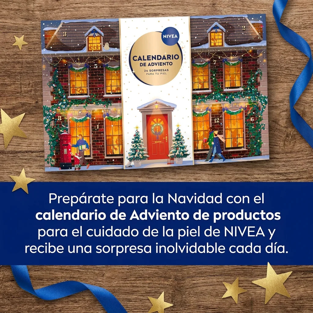 Calendario de Adviento NIVEA 2026 con 24 sorpresas, caja con diseño festivo y compartimentos rellenos de productos de cuidado de la piel.
