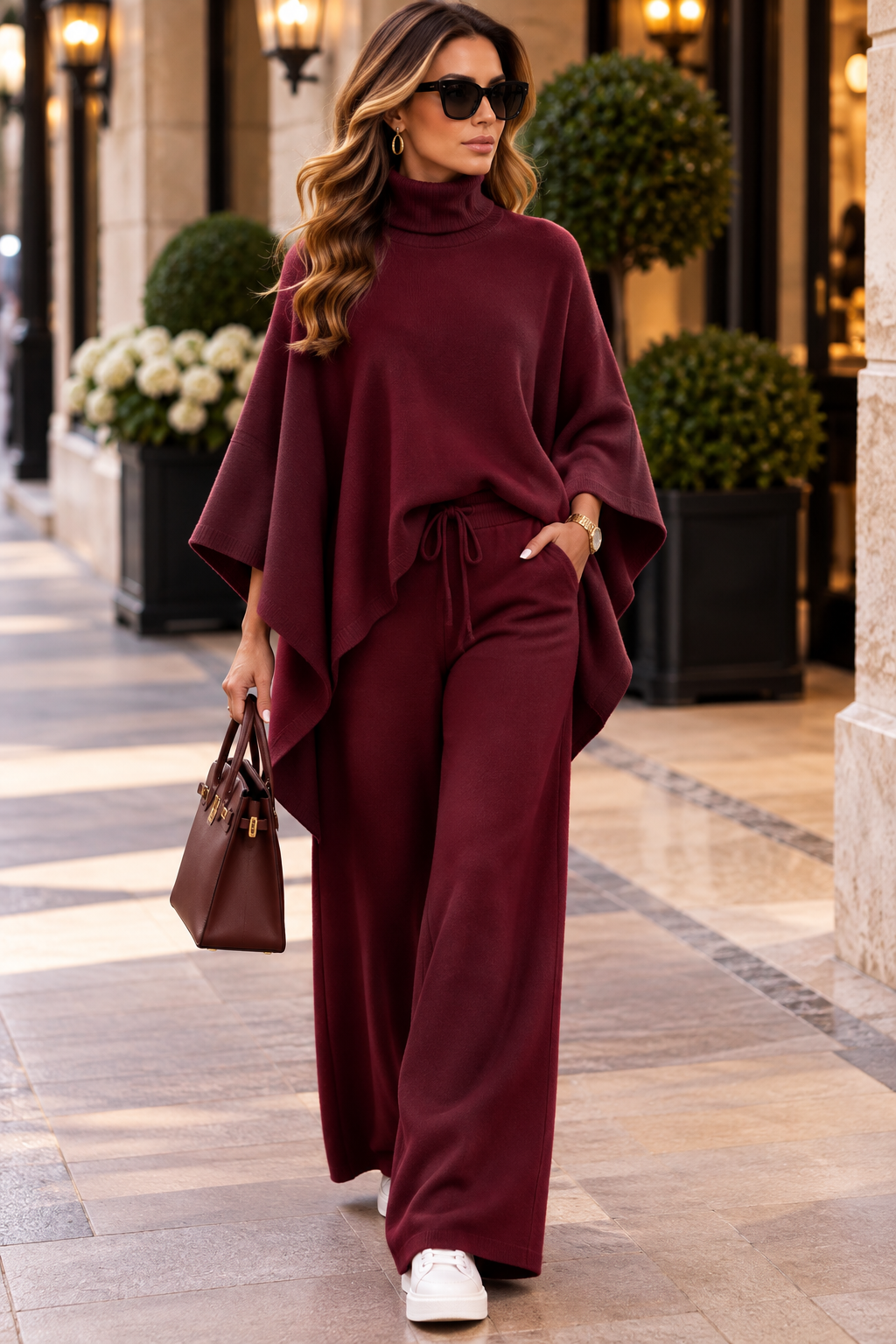 Conjunto de poncho de cuello alto y pantalón ancho
