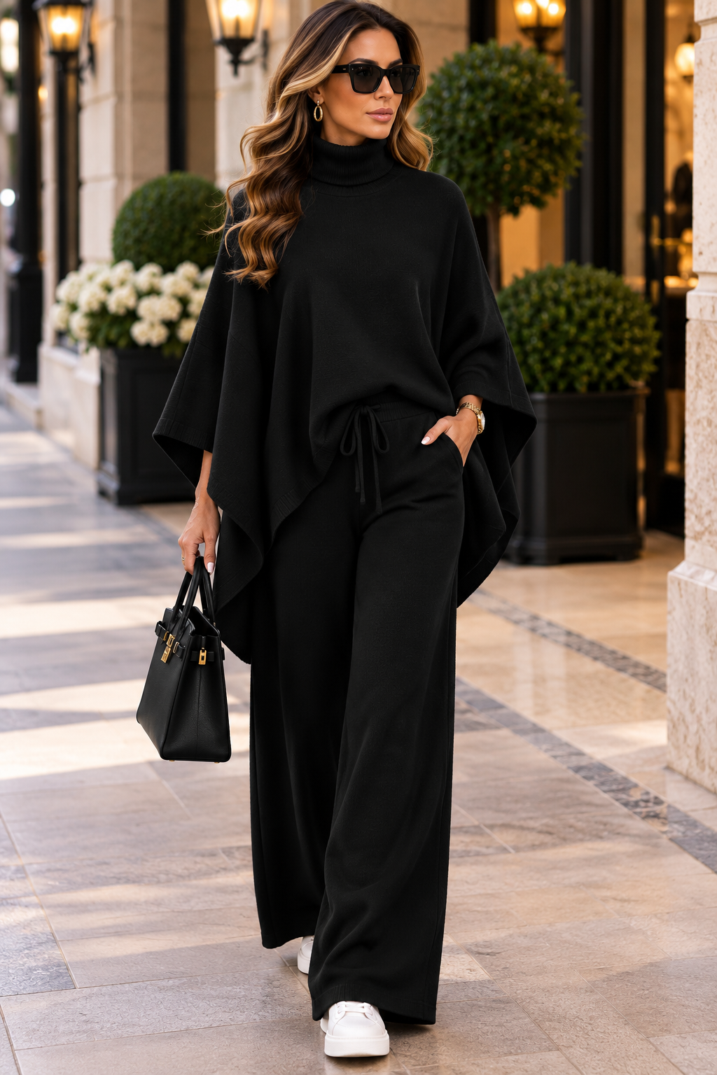 Conjunto de poncho de cuello alto y pantalón ancho