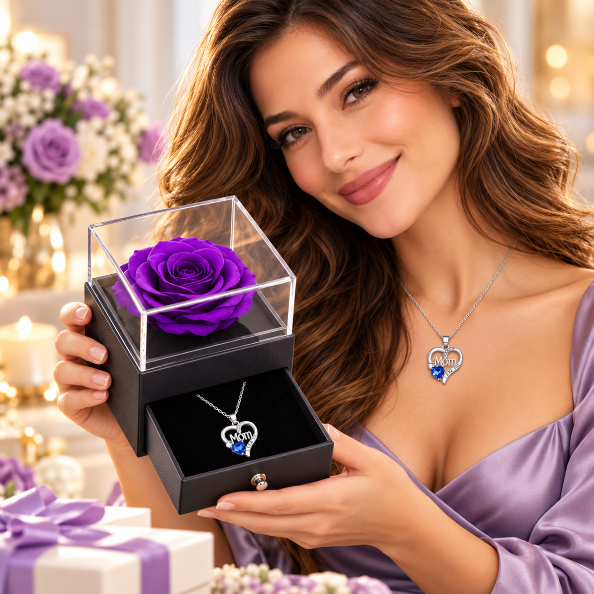 Caja de regalo con rosa morada y collar para mamá, detalle elegante de BB Bellezachic, ideal para sorprender en ocasiones especiales.