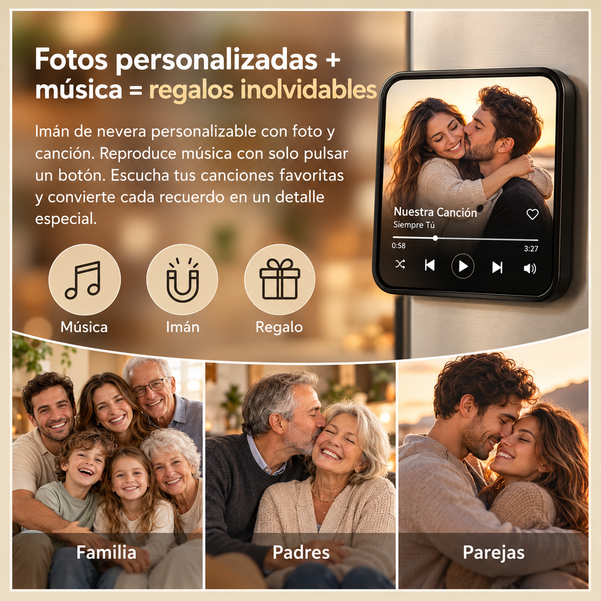 Imán musical personalizado de BB Bellezachic con foto y canción, detalle de regalo original y sentimental para recordar momentos especiales.