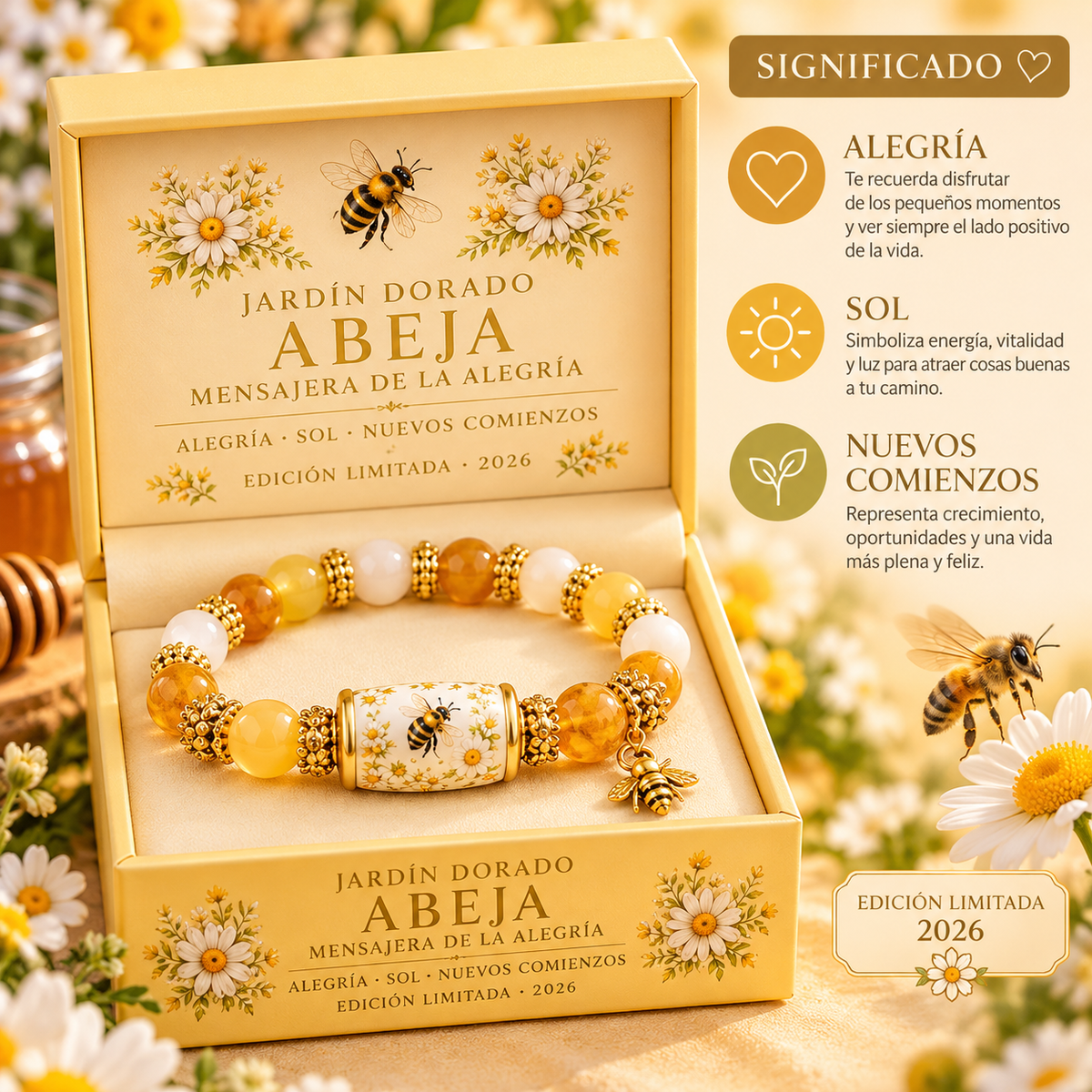 Pulsera de cuentas de cristal con diseño de abeja en caja de regalo, marca BB Bellezachic, adornos dorados y detalles brillantes