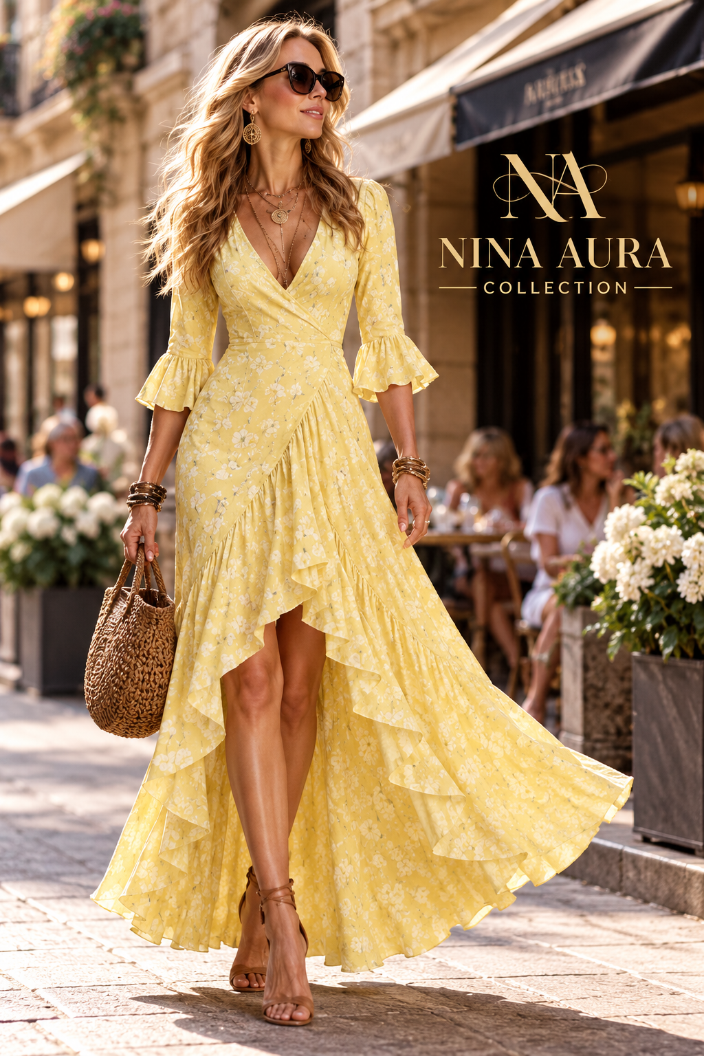 Vestido largo asimétrico con volantes