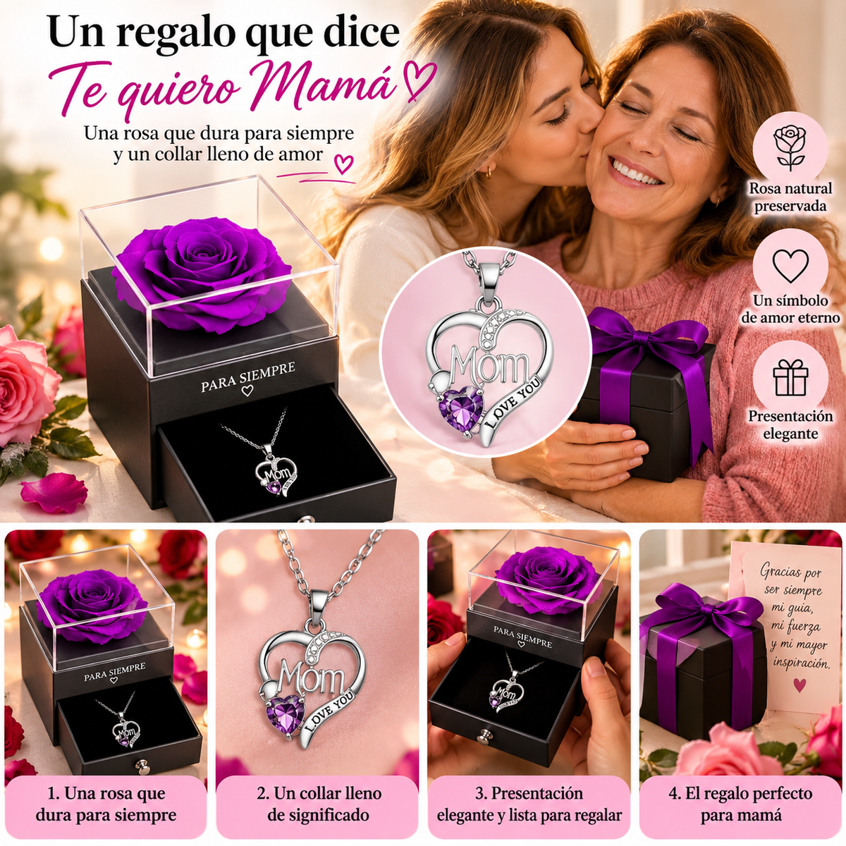 Caja de regalo con rosa morada y collar para mamá, elegante detalle de BB Bellezachic para ocasiones especiales.
