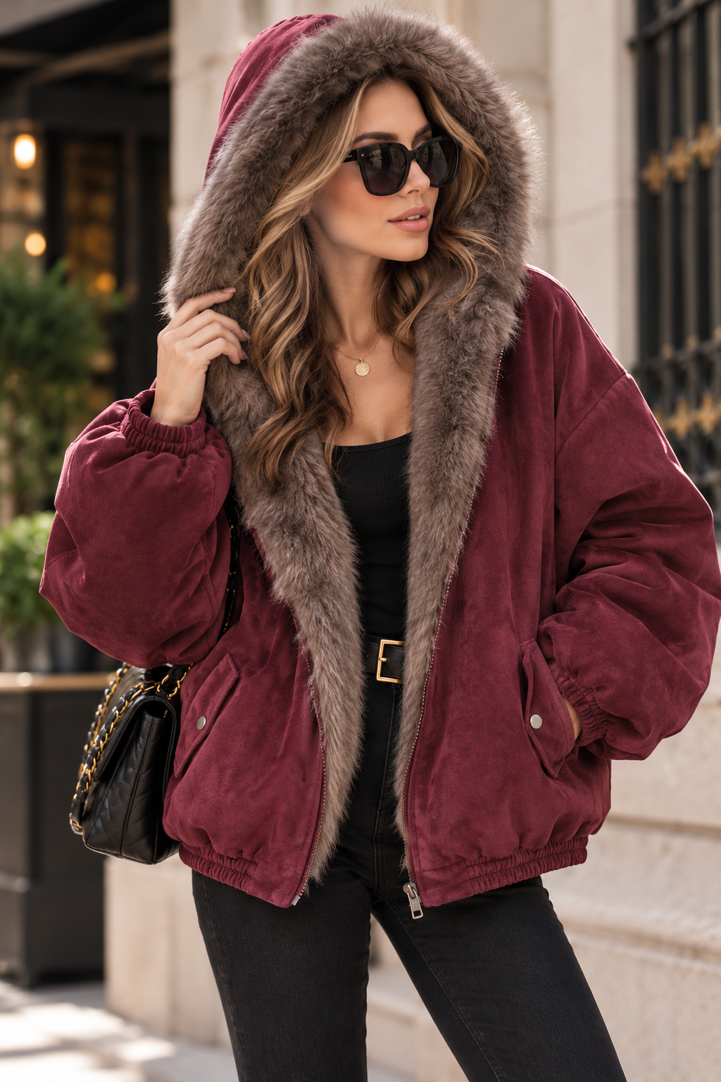 Chaqueta bomber amplia con ribetes de pelo sintético