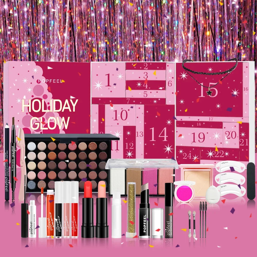 Calendario de Adviento de Maquillaje BB Bellezachic con 24 piezas, muestra productos de maquillaje en colores variados y envases elegantes.
