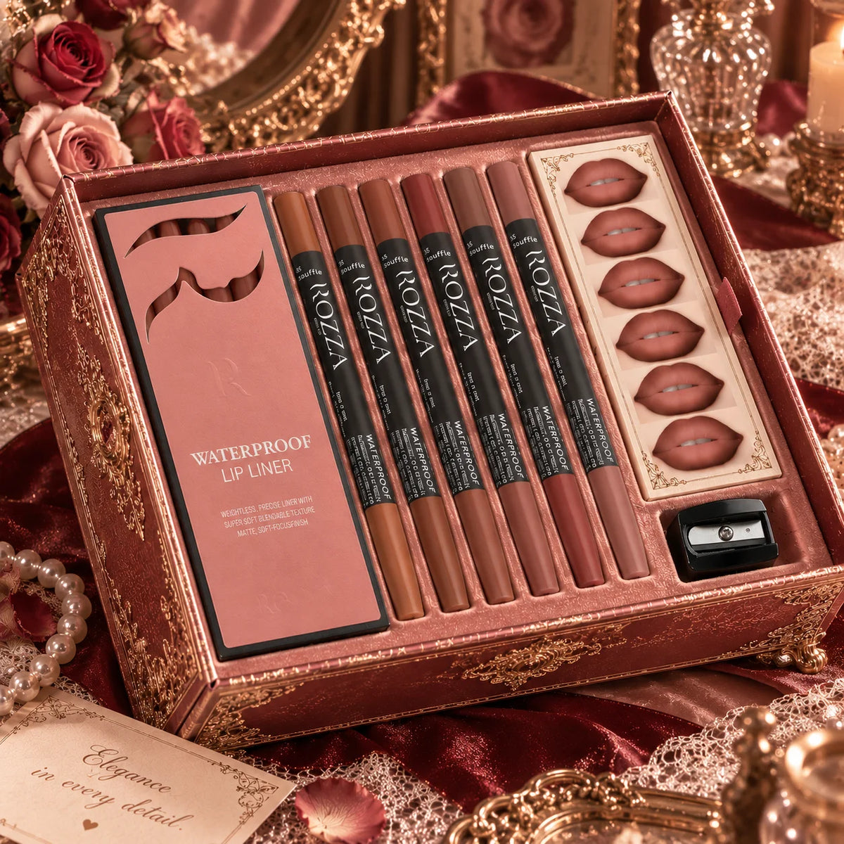 Set de 7 perfiladores de labios BB Bellezachic con sacapuntas, en variedad de tonos, ideal para definir y resaltar los labios.