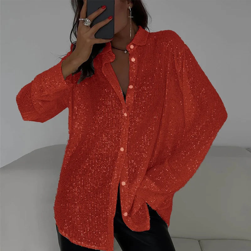Blusa de lentejuelas de manga larga de la marca BB Bellezachic, con brillo y diseño elegante para ocasiones especiales.