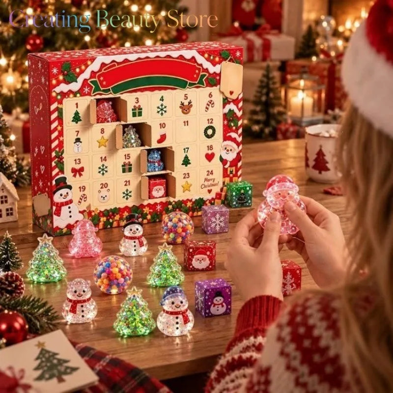 Calendario de Adviento BB Bellezachic con 24 figuras squishy mochi en colores pastel y formas divertidas para la temporada navideña