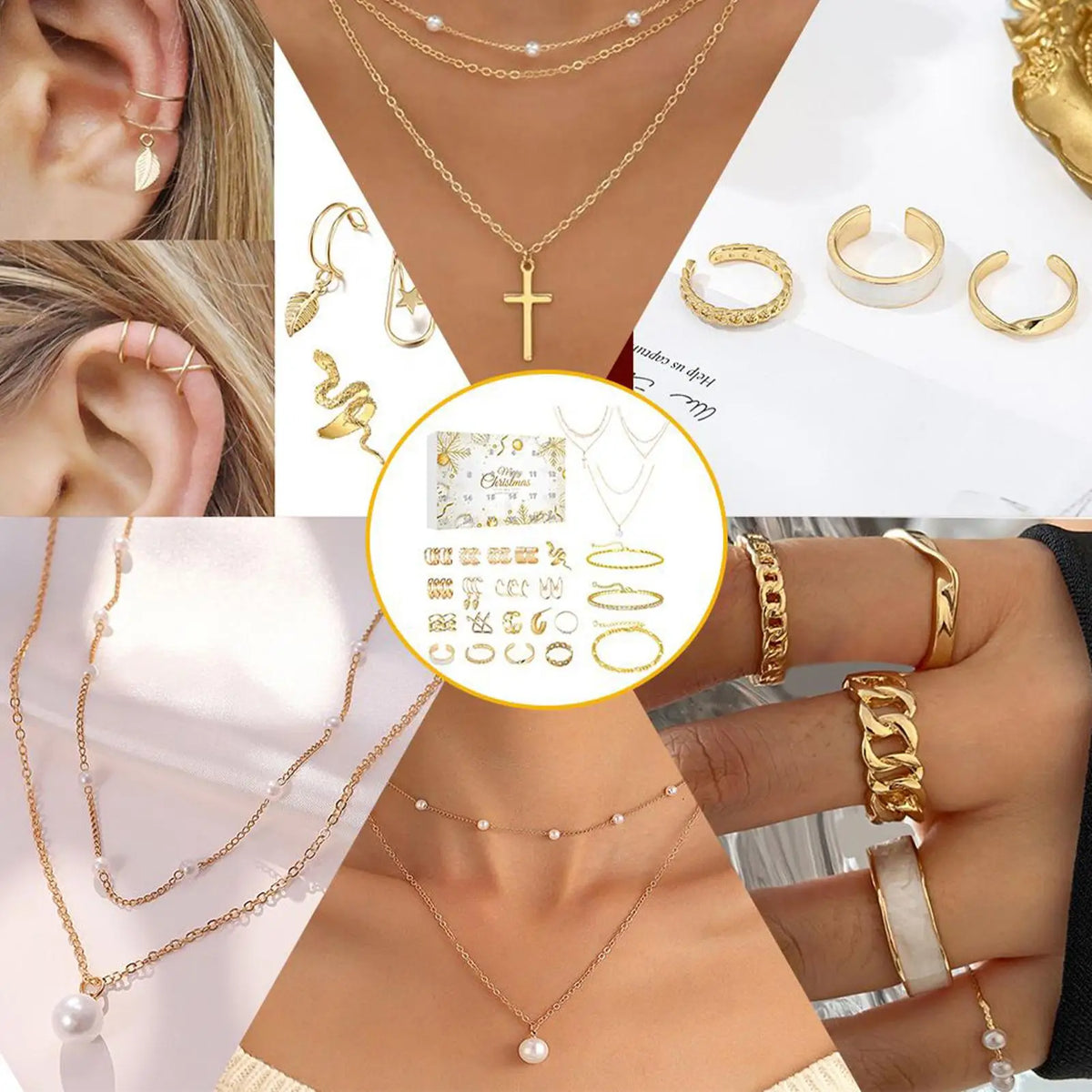 Calendario de Adviento de bisutería dorada de 24 días, presentado por BB Bellezachic, con pequeñas joyas y accesorios brillantes.