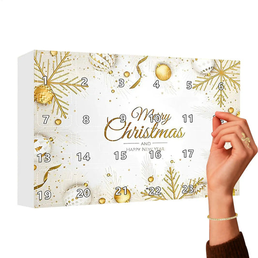 Calendario de Adviento de bisutería dorada BB Bellezachic con 24 compartimentos, mostrando cajas decoradas y detalles dorados.