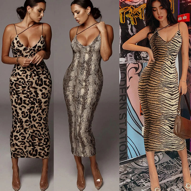 Vestido midi de tirantes con estampado animal de BB Bellezachic, diseño elegante y moderno en colores vibrantes.