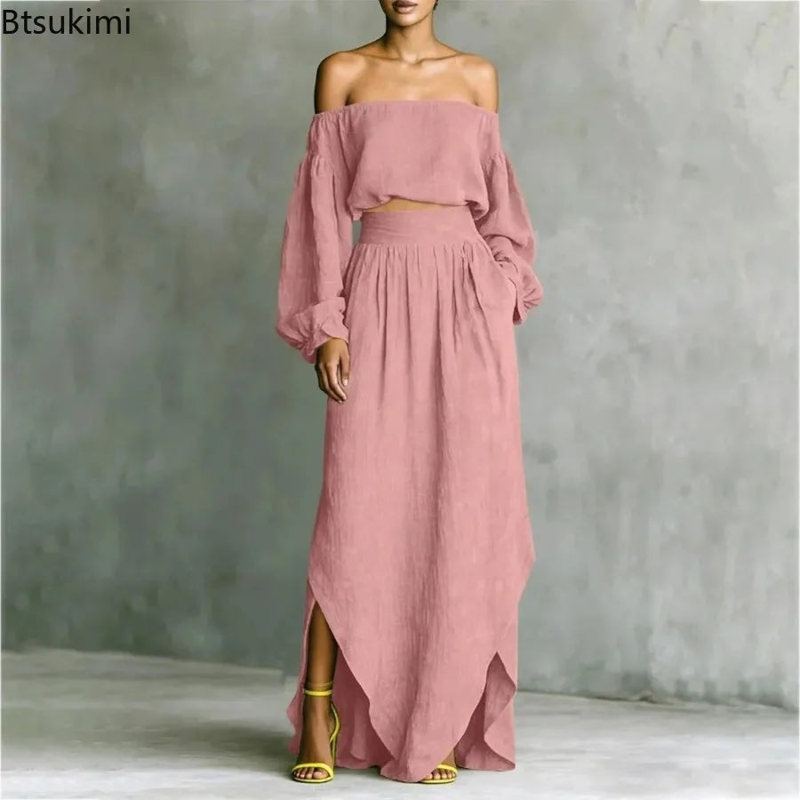 Conjunto de top con hombros descubiertos y falda midi de BB Bellezachic, estilo elegante y moderno para ocasiones especiales.