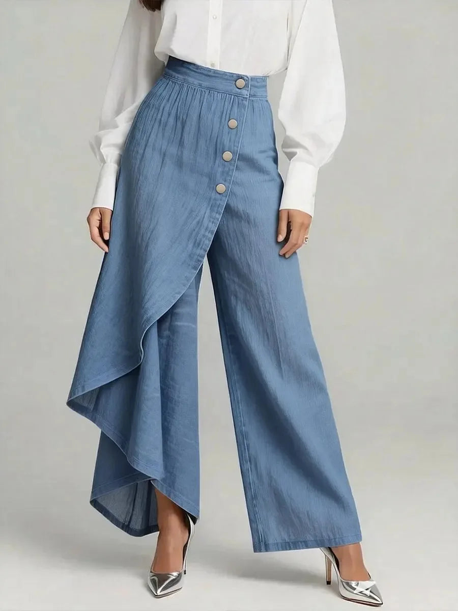 Pantalón de pierna ancha con efecto denim de BB Bellezachic, vista frontal mostrando el estilo y la textura del tejido.