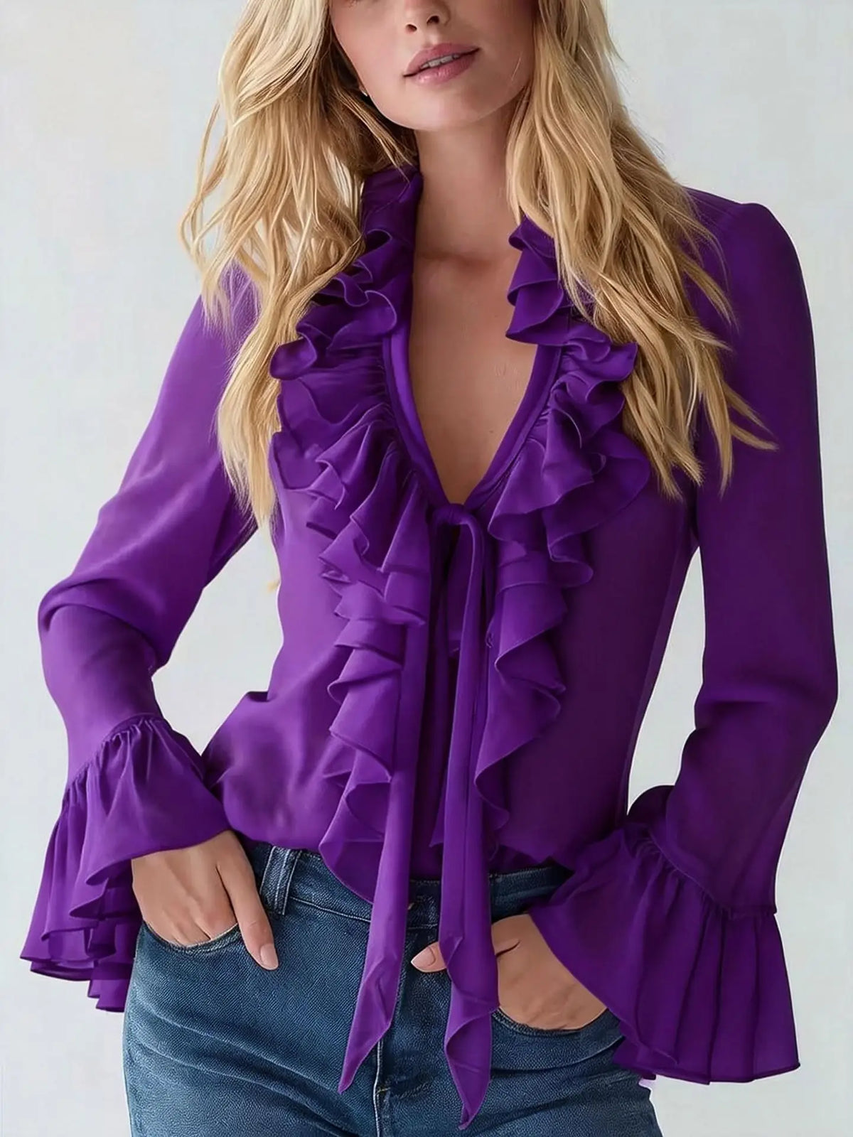 Blusa con volantes y escote en V de la marca BB Bellezachic, visible en color blanco y diseño femenino.