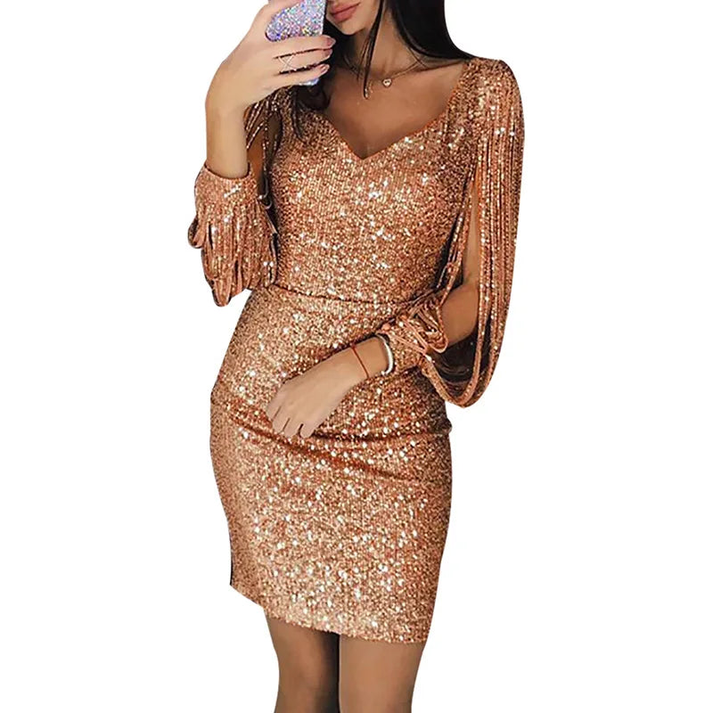 Vestido corto de fiesta con lentejuelas de BB Bellezachic, diseño brillante y elegante para eventos especiales.