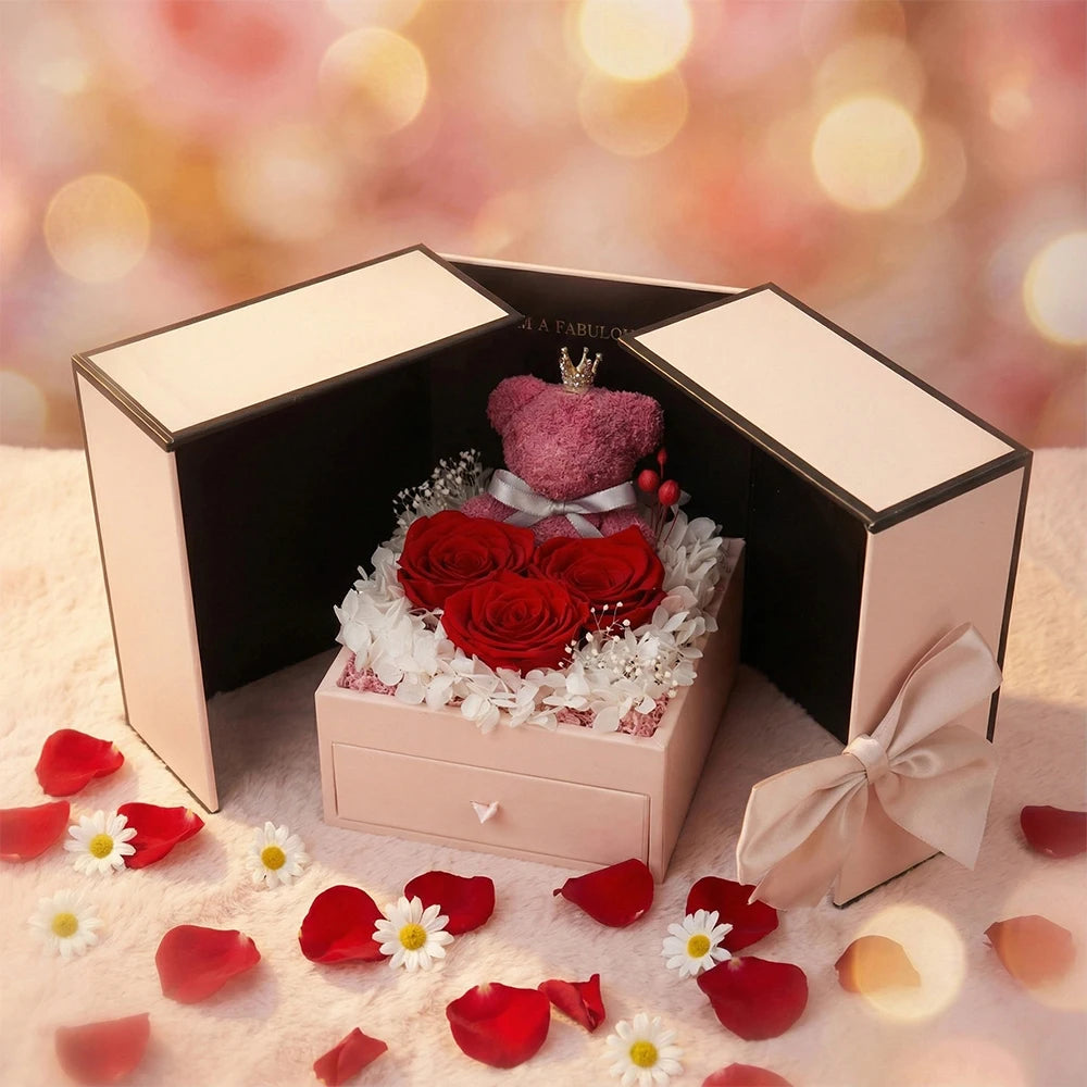 Caja de regalo con rosa preservada y collar «Te Quiero» en 100 idiomas, presentada en elegante empaque de BB Bellezachic