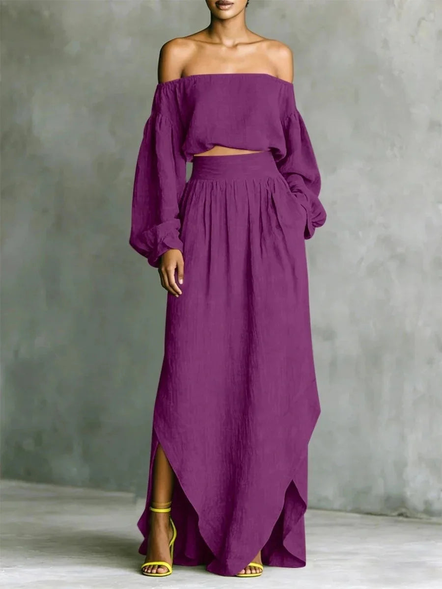 Conjunto de top con hombros descubiertos y falda midi de BB Bellezachic, ropa elegante y moderna para mujer.