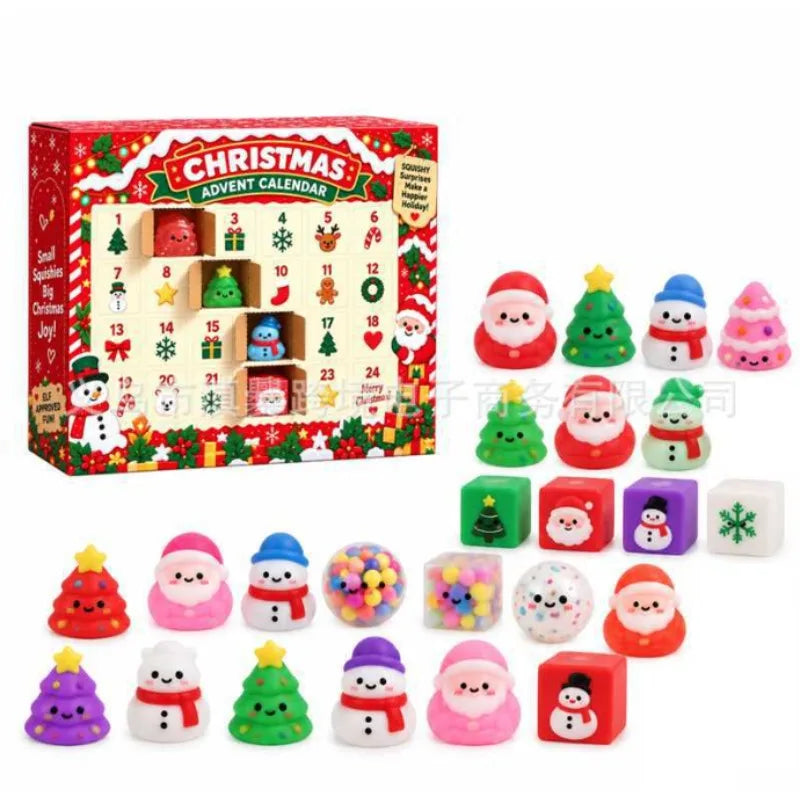 Calendario de Adviento BB Bellezachic con 24 figuras squishy mochi en forma de personajes adorables y coloridos.