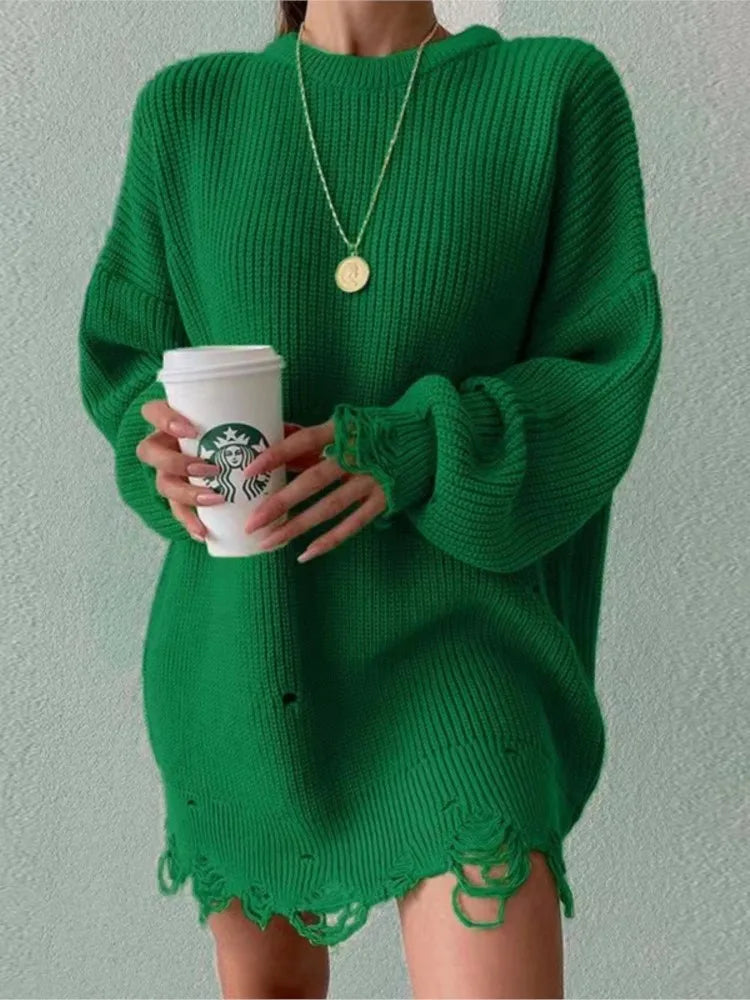 Vestido largo de punto con efecto desgastado de la marca BB Bellezachic, diseñado en tejido suave y estilo moderno.