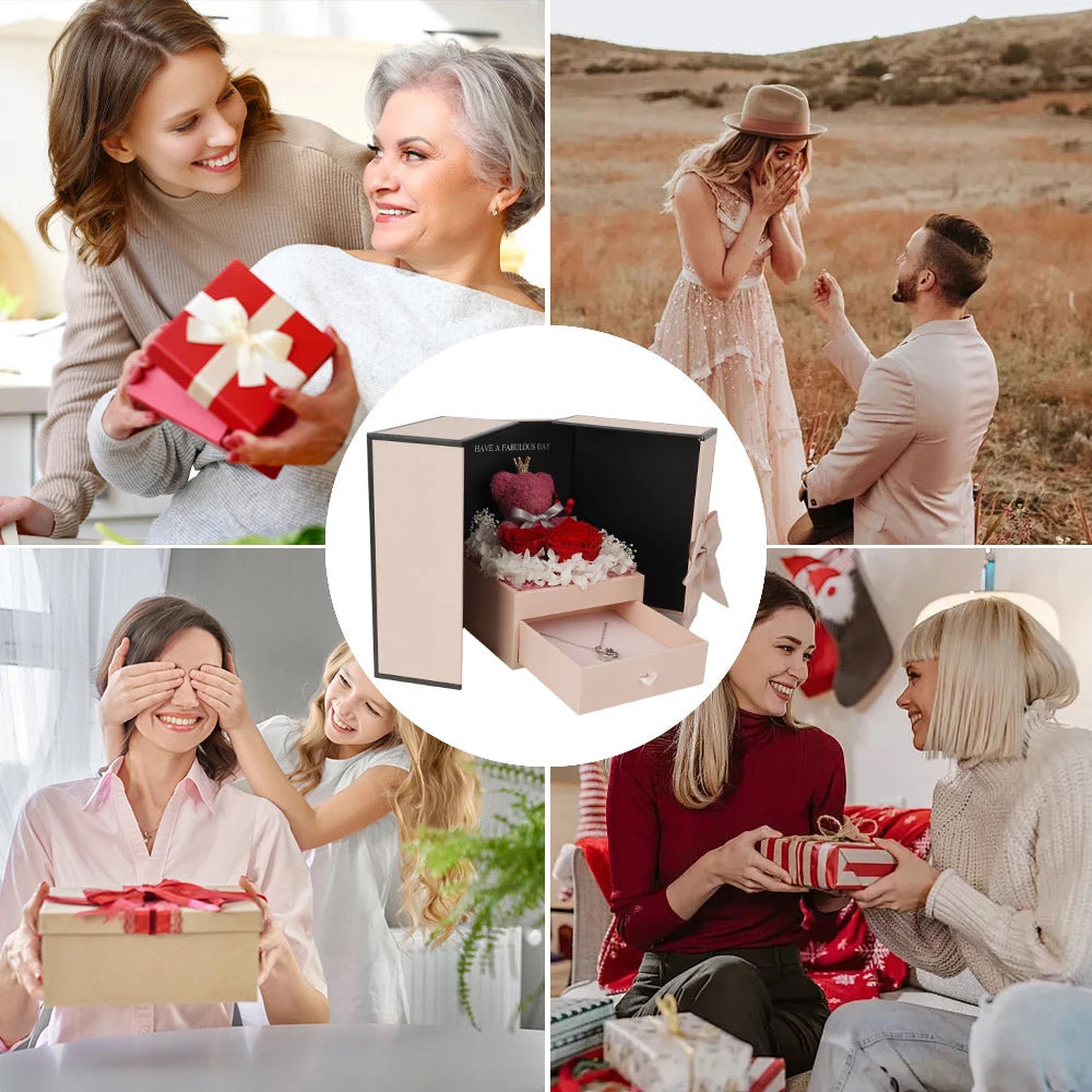 Caja de regalo con rosa preservada y collar «Te Quiero» en 100 idiomas de BB Bellezachic, con detalles elegantes y románticos.