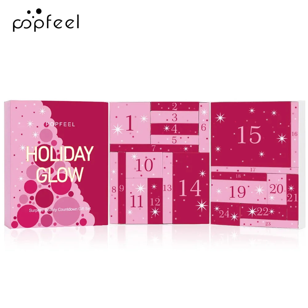 Calendario de Adviento de Maquillaje BB Bellezachic con 24 piezas, mostrando cajas decoradas y productos cosméticos en su interior