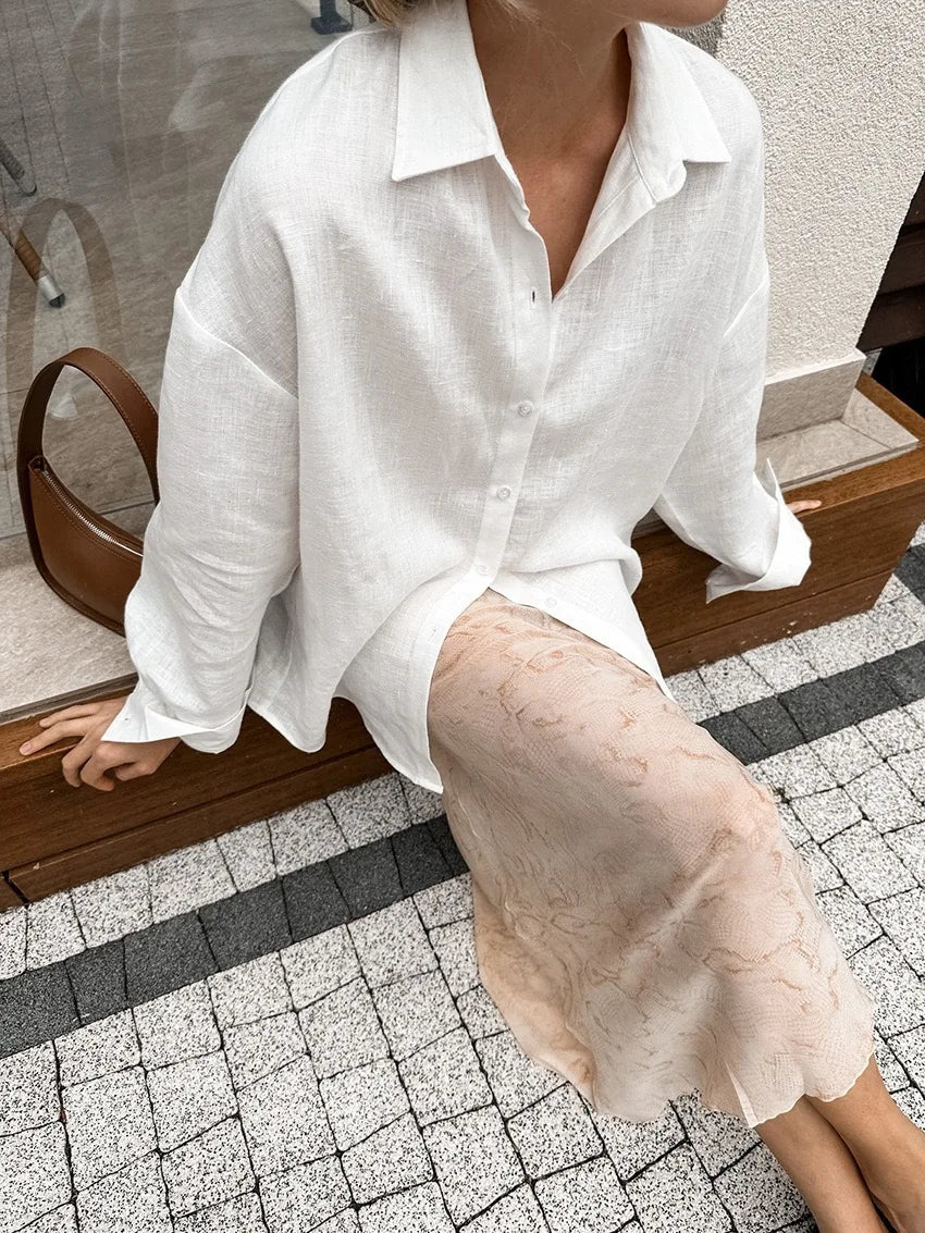 Camisa casual de mujer BB Bellezachic, manga larga, abotonada, suelta y cómoda para primavera, estilo versátil y elegante.