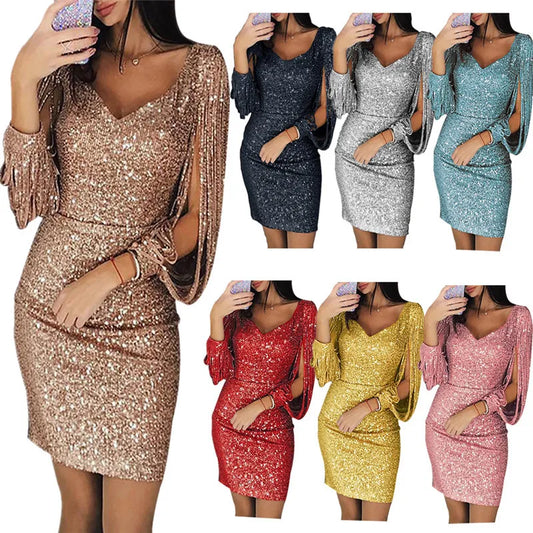 Vestido corto de fiesta de lentejuelas de BB Bellezachic, con detalles brillantes y diseño elegante para ocasiones especiales.