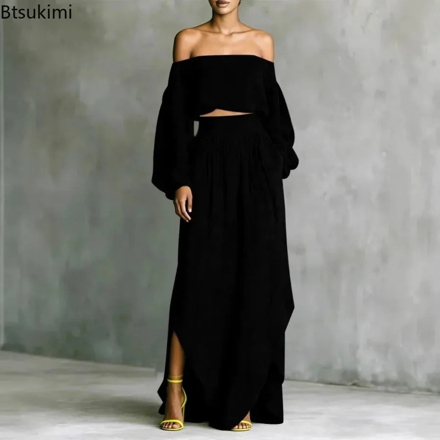 Conjunto de top con hombros descubiertos y falda midi de BB Bellezachic, ropa de conjuntos elegante y moderna para mujer.