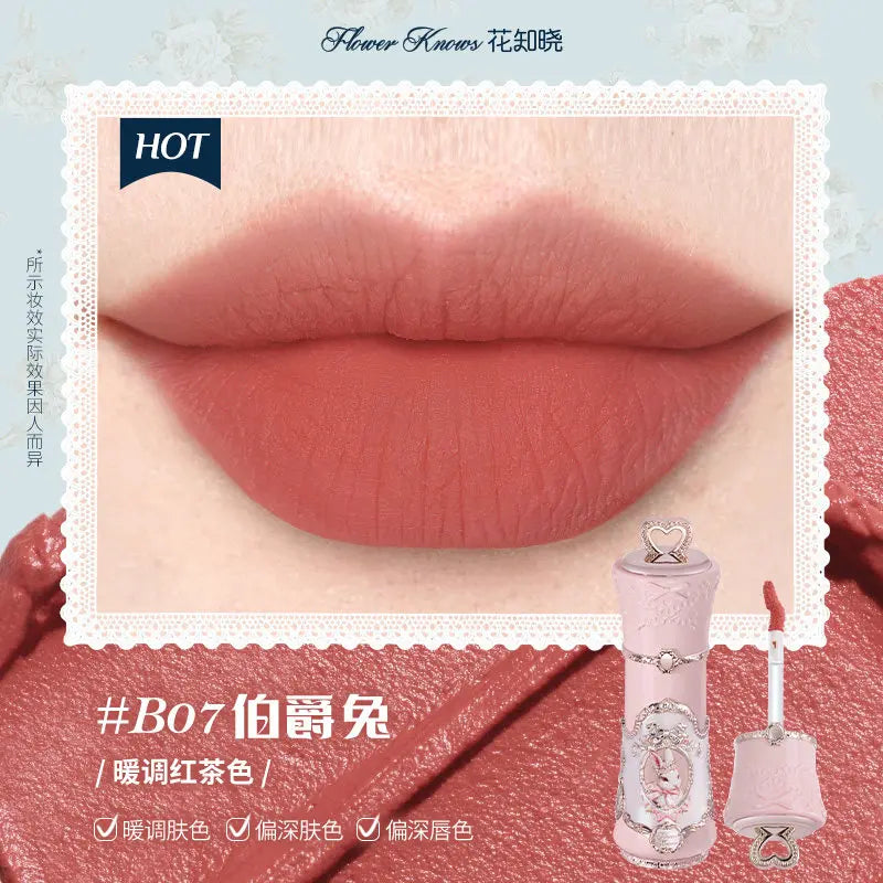 Labial líquido mate Flower Knows de BB Bellezachic en tono rosado, con envase de 5 ml, mostrando el aplicador y el color.