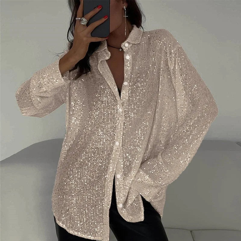 Camisa de lentejuelas de manga larga de BB Bellezachic, blusa elegante con detalles brillantes y ajuste moderno.