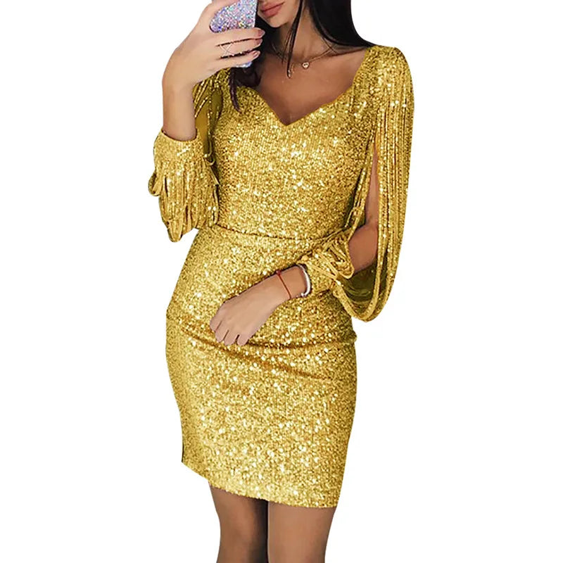 Vestido corto de fiesta con lentejuelas de BB Bellezachic, diseño brillante y elegante para ocasiones especiales.
