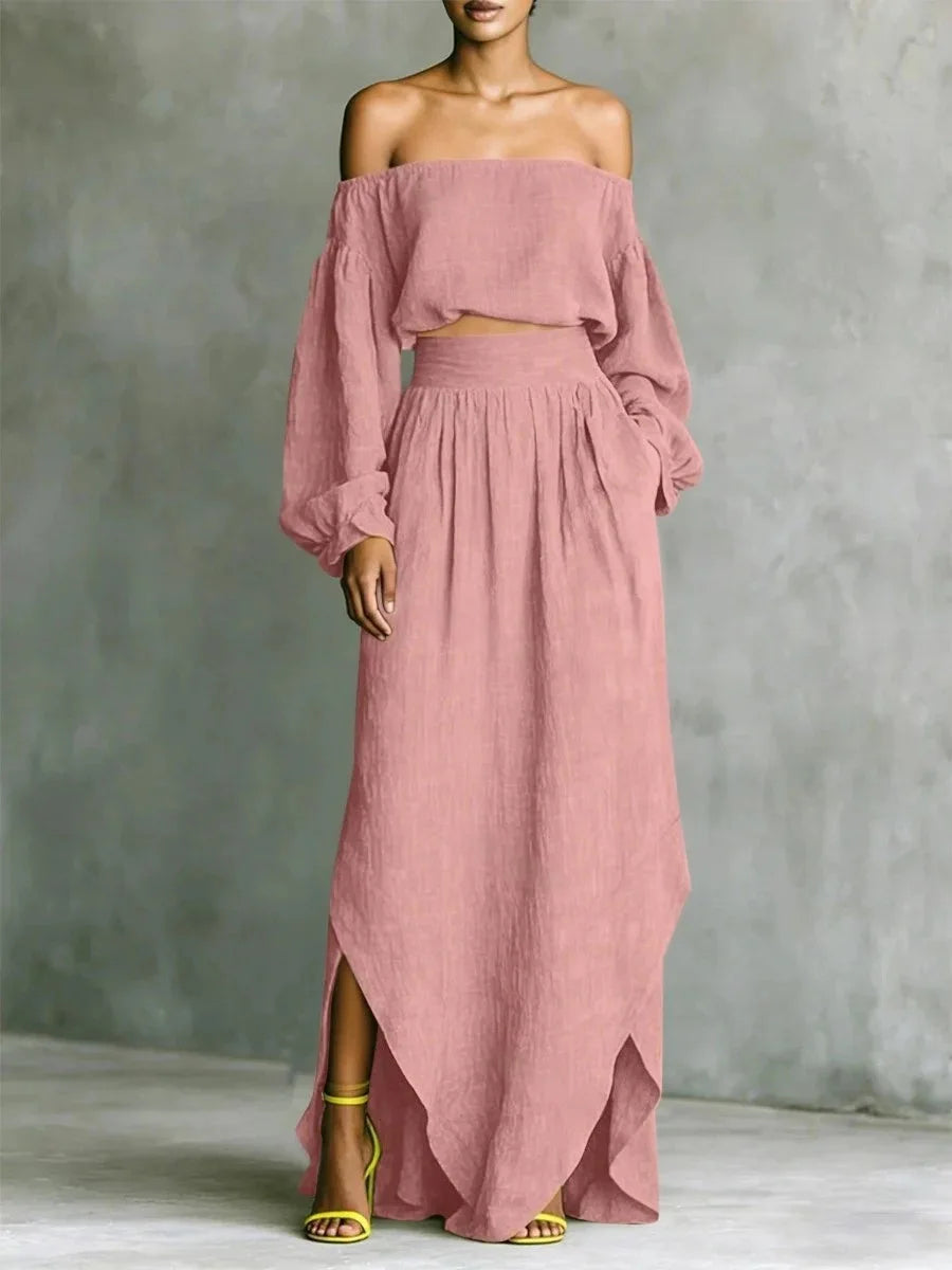 Conjunto de top con hombros descubiertos y falda midi de BB Bellezachic, en color negro, con estilo elegante y moderno.